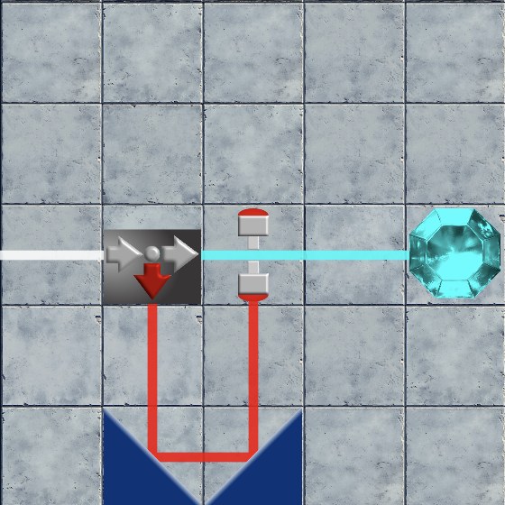 Dieselbe Tür, jetzt zusätzlich von oben mit einem roten Strahl angeleuchtet — die Tür ist offen, und der Cyan-Strahl läuft horizontal hindurch.